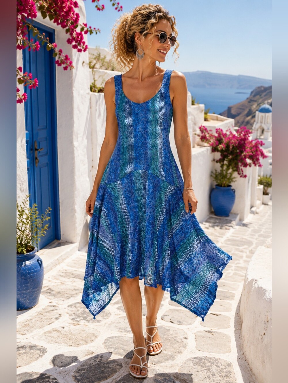 CARINE Blue Mosaic Tank Dress Medium Handkerchief Hem Resort Coastal Chic